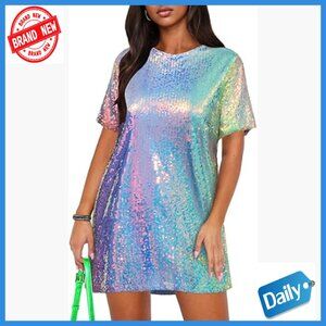 Sequin Mini Dress, Crew Neck, Backless, Sparkly Shift for Night Out
